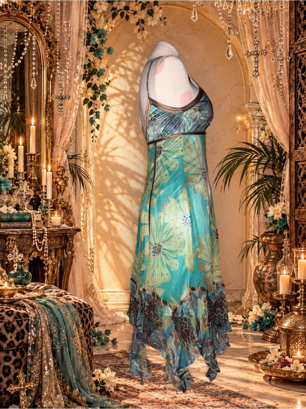 Sue Wong Vintage Y2K Silk Floral & Leopard Handkerchief Fairy Dress Sz 4 - Picture 2 of 7